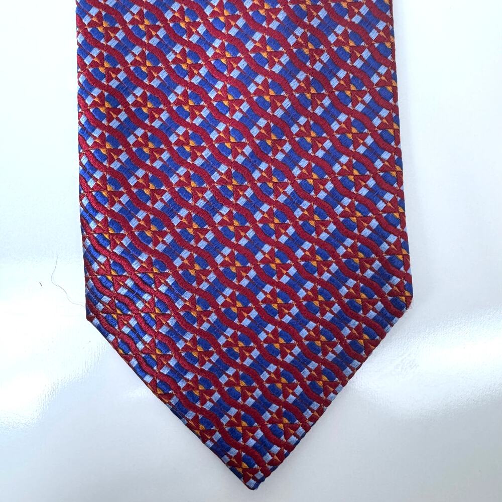 Allea Milano Silk Tie Made in Italy Red Blue Orange Geometric Wave Bow Print